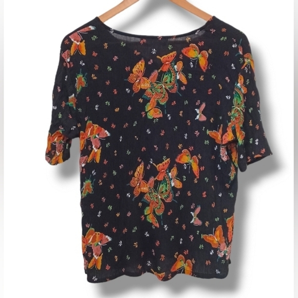 90s Butterfly Slinky Crepe Jacqueline Lauren Stretch Button Up Whimsygoth Blouse - Picture 2 of 16